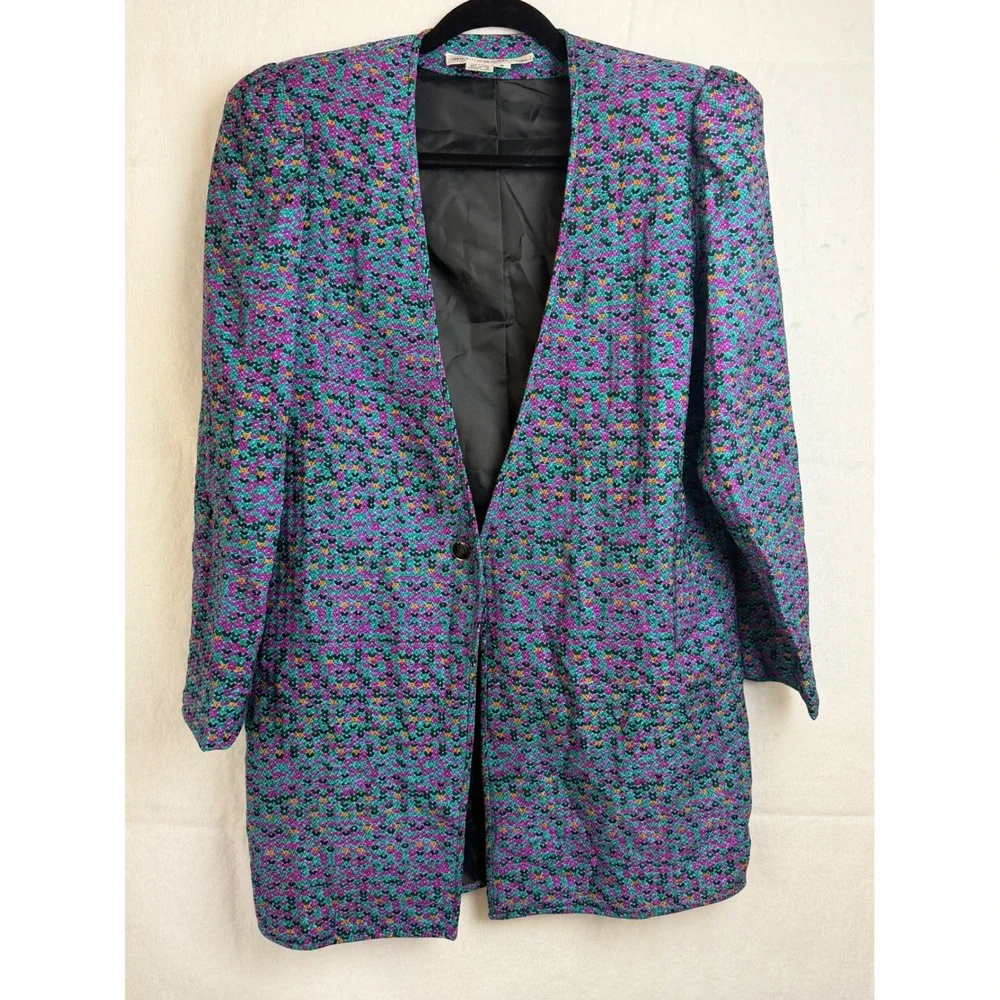 Rare UMI Collections Anne Crimmins Silk 2 Piece Set Dress Blazer Purple Teal 8